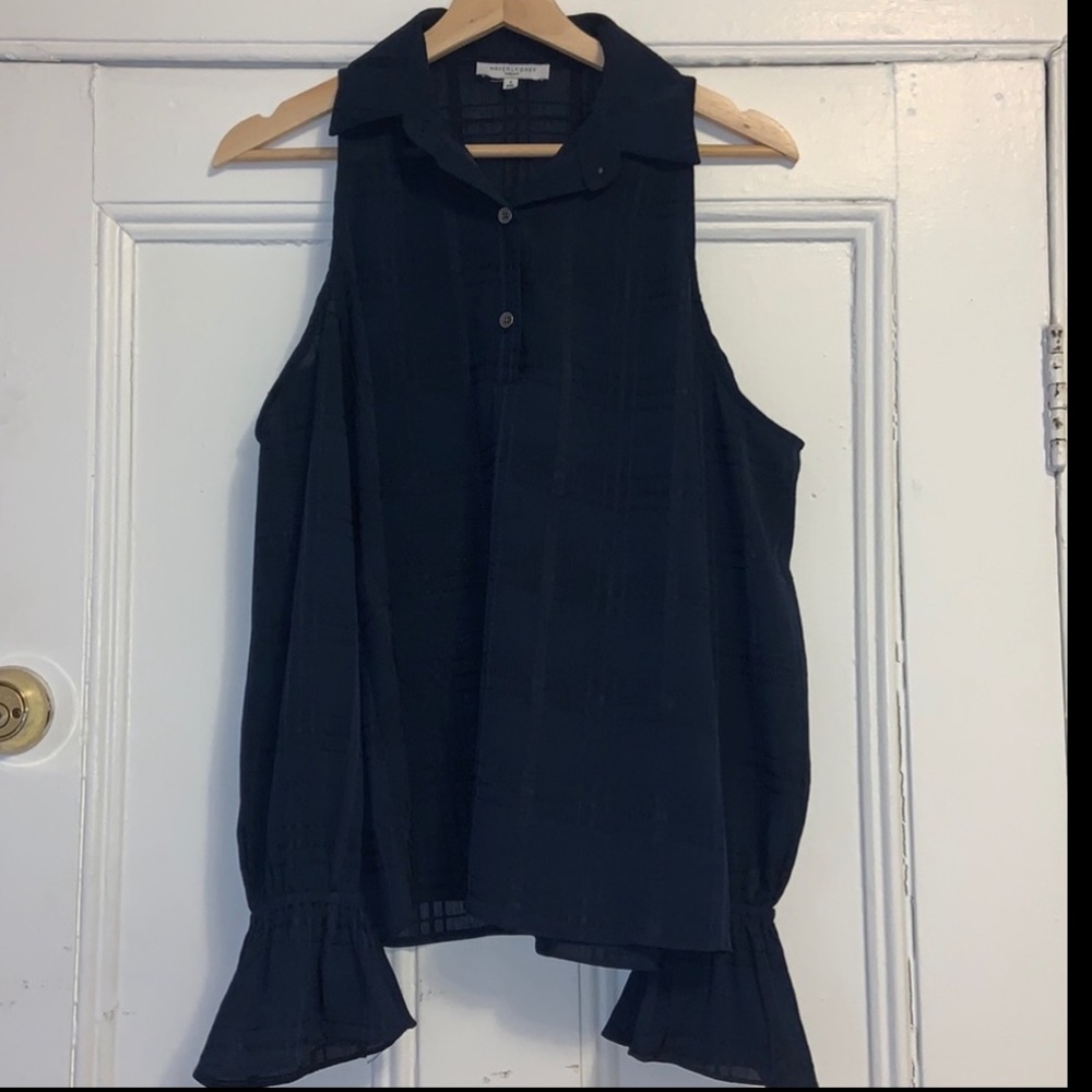 Anthropologie Waverly Grey cold shoulder sheer navy collared button top S